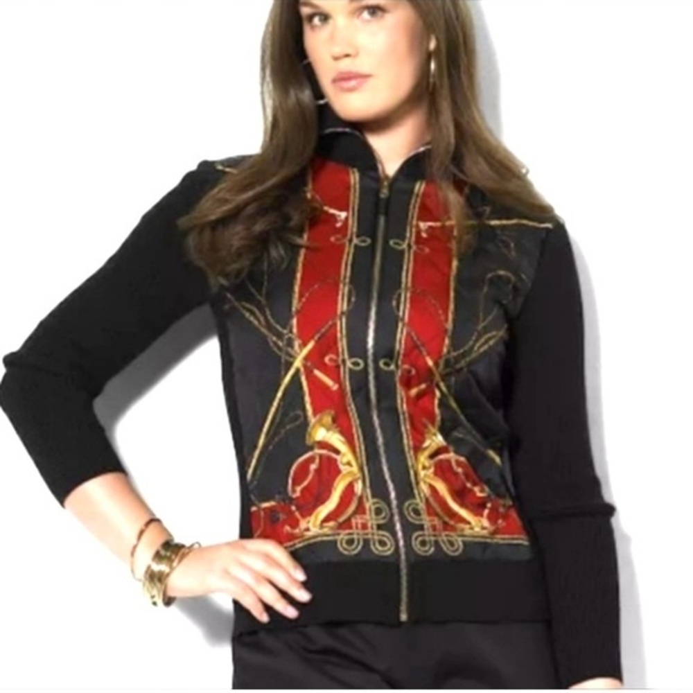 Lauren Ralph Lauren Equestrian Bishop Silk Bomber Jacket Zip-Up Black Red Gold
